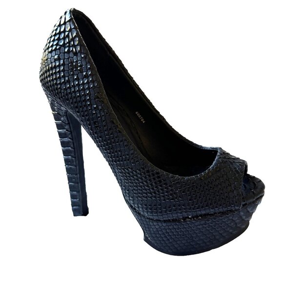 Charlotte Russe  Black Textured Snake Pattern Platform High Heels Peep Toe NWOB - Picture 7 of 14